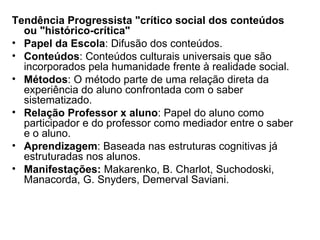 Tendência Progressista "crítico social dos conteúdos ou "histórico-crítica" Papel da Escola : Difusão dos conteúdos. Conteúdos : Conteúdos culturais universais que são incorporados pela humanidade frente à realidade social. Métodos : O método parte de uma relação direta da experiência do aluno confrontada com o saber sistematizado. Relação Professor x aluno : Papel do aluno como participador e do professor como mediador entre o saber e o aluno. Aprendizagem : Baseada nas estruturas cognitivas já estruturadas nos alunos. Manifestações:  Makarenko, B. Charlot, Suchodoski, Manacorda, G. Snyders, Demerval Saviani. 