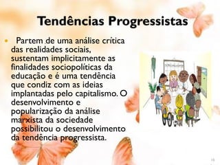 Tendências Progressistas
     Partem .de uma análise crítica
    das realidades sociais,
    sustentam implicitamente as
    finalidades sociopolíticas da
    educação e é uma tendência
    que condiz com as ideias
    implantadas pelo capitalismo. O
    desenvolvimento e
    popularização da análise
    marxista da sociedade
    possibilitou o desenvolvimento
    da tendência progressista.

                                       10
 