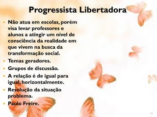 Progressista Libertadora
   Não atua em escolas, porém
    visa levar professores e
    alunos a atingir um nível de
    consciência da realidade em
    que vivem na busca da
    transformação social.
   Temas geradores.
   Grupos de discussão.
   A relação é de igual para
    igual, horizontalmente.
   Resolução da situação
    problema.
   Paulo Freire.
                                       11
 