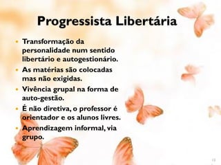 Progressista Libertária
   Transformação da
    personalidade num sentido
    libertário e autogestionário.
   As matérias são colocadas
    mas não exigidas.
   Vivência grupal na forma de
    auto-gestão.
   É não diretiva, o professor é
    orientador e os alunos livres.
   Aprendizagem informal, via
    grupo.


                                     12
 
