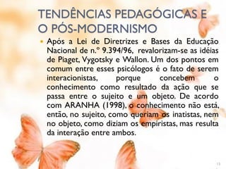 TENDÊNCIAS PEDAGÓGICAS E
O PÓS-MODERNISMO
   Após a Lei de Diretrizes e Bases da Educação
    Nacional de n.º 9.394/96, revalorizam-se as idéias
    de Piaget, Vygotsky e Wallon. Um dos pontos em
    comum entre esses psicólogos é o fato de serem
    interacionistas,     porque     concebem         o
    conhecimento como resultado da ação que se
    passa entre o sujeito e um objeto. De acordo
    com ARANHA (1998), o conhecimento não está,
    então, no sujeito, como queriam os inatistas, nem
    no objeto, como diziam os empiristas, mas resulta
    da interação entre ambos.


                                                     15
 