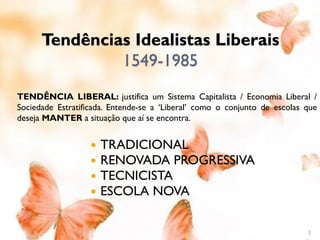 Tendências Idealistas Liberais
               1549-1985
TENDÊNCIA LIBERAL: justifica um Sistema Capitalista / Economia Liberal /
Sociedade Estratificada. Entende-se a ‘Liberal’ como o conjunto de escolas que
deseja MANTER a situação que aí se encontra.


                      TRADICIONAL
                      RENOVADA PROGRESSIVA
                      TECNICISTA
                      ESCOLA NOVA

                                                                           3
 