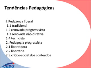Tendências Pedagógicas

l. Pedagogia liberal
 1.1 tradicional
1.2 renovada progressivista
 1.3 renovada não-diretiva
1.4 tecnicista
2. Pedagogia progressista
2.1 libertadora
2.2 libertária
2.3 crítico-social dos conteúdos
 