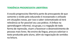 TENDÊNCIA PROGRESSISTA LIBERTÁRIA 
A escola progressista libertária parte do pressuposto de que 
somente o vivido pelo educando é incorporado e utilizado 
em situações novas, por isso o saber sistematizado só terá 
relevância se for possível seu uso prático. A ênfase na 
aprendizagem informal, via grupo, e a negação de toda 
forma de repressão, visam a favorecer o desenvolvimento de 
pessoas mais livres. No ensino da língua, procura valorizar o 
texto produzido pelo aluno, além da negociação de sentidos 
na leitura. 
 