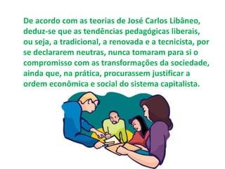 De acordo com as teorias de José Carlos Libâneo, 
deduz-se que as tendências pedagógicas liberais, 
ou seja, a tradicional...