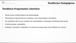 Tendências Pedagógicas
Tendência Progressista Libertária
• Escola como transformadora da personalidade.
• Mecanismos institucionais de mudança, como assembleias e conselhos.
• Os conteúdos são os que resultam de necessidades e interesses manifestos pelo grupo.
• Vivência grupal, autogestão,
• Professor orientador, catalizador, se mistura ao grupo para uma reflexão em comum.
 