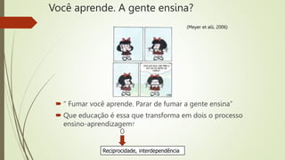 Você aprende. A gente ensina?
 “ Fumar você aprende. Parar de fumar a gente ensina”
 Que educação é essa que transforma em dois o processo
ensino-aprendizagem?
Reciprocidade, interdependência
(Meyer et alii, 2006)
 