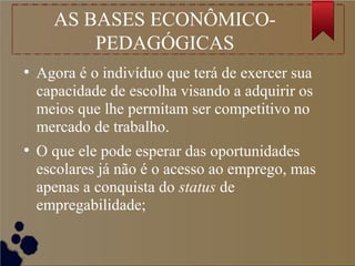 AS BASES ECONÔMICO-
PEDAGÓGICAS
●
Agora é o indivíduo que terá de exercer sua
capacidade de escolha visando a adquirir os
meios que lhe permitam ser competitivo no
mercado de trabalho.
●
O que ele pode esperar das oportunidades
escolares já não é o acesso ao emprego, mas
apenas a conquista do status de
empregabilidade;
 