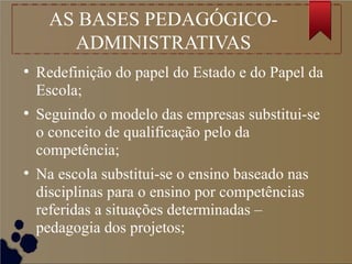 AS BASES PEDAGÓGICO-
ADMINISTRATIVAS
●
Redefinição do papel do Estado e do Papel da
Escola;
●
Seguindo o modelo das empresas substitui-se
o conceito de qualificação pelo da
competência;
●
Na escola substitui-se o ensino baseado nas
disciplinas para o ensino por competências
referidas a situações determinadas –
pedagogia dos projetos;
 