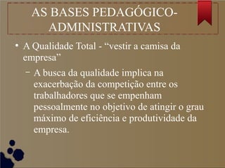 AS BASES PEDAGÓGICO-
ADMINISTRATIVAS
●
A Qualidade Total - “vestir a camisa da
empresa”
– A busca da qualidade implica na
exacerbação da competição entre os
trabalhadores que se empenham
pessoalmente no objetivo de atingir o grau
máximo de eficiência e produtividade da
empresa.
 