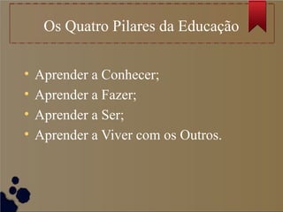 Os Quatro Pilares da Educação
• Aprender a Conhecer;
• Aprender a Fazer;
• Aprender a Ser;
• Aprender a Viver com os Outros.
 