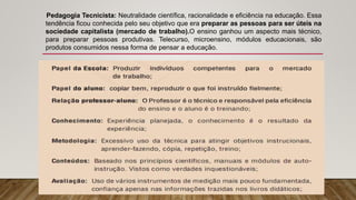Pedagogia Tecnicista: Neutralidade científica, racionalidade e eficiência na educação. Essa
tendência ficou conhecida pelo seu objetivo que era preparar as pessoas para ser úteis na
sociedade capitalista (mercado de trabalho).O ensino ganhou um aspecto mais técnico,
para preparar pessoas produtivas. Telecurso, microensino, módulos educacionais, são
produtos consumidos nessa forma de pensar a educação.
 