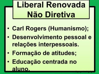• Carl Rogers (Humanismo);
• Desenvolvimento pessoal e
relações interpessoais.
• Formação de atitudes;
• Educação centrada no
aluno. Espaço Pedagógico
Liberal Renovada
Não Diretiva
 