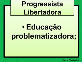 • Educação
problematizadora;
Espaço Pedagógico
Progressista
Libertadora
 