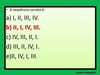• A sequência correta é:
a) I, II, III, IV.
b) II, I, IV, III.
c) IV, III, II, I.
d) III, II, IV, I.
e)II, IV, I, III.
Espaço Pedagógico
 
