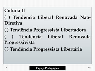 Coluna II
( ) Tendência Liberal Renovada Não-
Diretiva
( ) Tendência Progressista Libertadora
( ) Tendência Liberal Renovada
Progressivista
( ) Tendência Progressista Libertária
Espaço Pedagógico 10
 