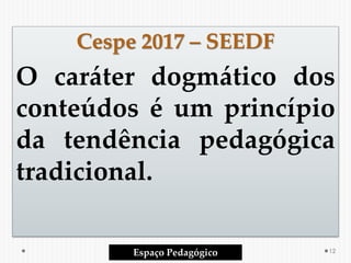 Cespe 2017 – SEEDF
O caráter dogmático dos
conteúdos é um princípio
da tendência pedagógica
tradicional.
Espaço Pedagógico 12
 