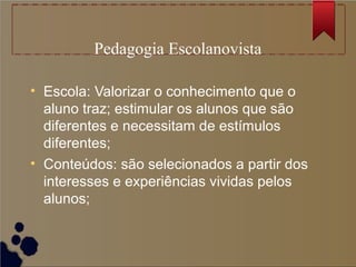 Pedagogia Escolanovista

• Escola: Valorizar o conhecimento que o
  aluno traz; estimular os alunos que são
  diferentes e necessitam de estímulos
  diferentes;
• Conteúdos: são selecionados a partir dos
  interesses e experiências vividas pelos
  alunos;
 