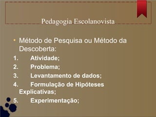 Pedagogia Escolanovista

• Método de Pesquisa ou Método da
  Descoberta:
1.        Atividade;
2.        Problema;
3.        Levantamento de dados;
4.        Formulação de Hipóteses
  Explicativas;
5.        Experimentação;
 