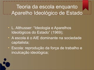 Teoria da escola enquanto
  Aparelho Ideológico de Estado

• L. Althusser: “Ideologia e Aparelhos
  Ideológicos do Estado” (1969);
• A escola é o AIE dominante na sociedade
  capitalista;
• Escola: reprodução da força de trabalho e
  inculcação ideológica;
 