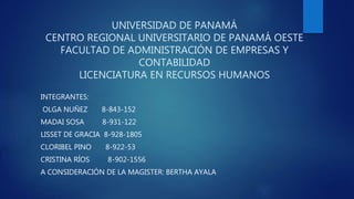 UNIVERSIDAD DE PANAMÁ
CENTRO REGIONAL UNIVERSITARIO DE PANAMÁ OESTE
FACULTAD DE ADMINISTRACIÓN DE EMPRESAS Y
CONTABILIDAD
LICENCIATURA EN RECURSOS HUMANOS
INTEGRANTES:
OLGA NUÑEZ 8-843-152
MADAI SOSA 8-931-122
LISSET DE GRACIA 8-928-1805
CLORIBEL PINO 8-922-53
CRISTINA RÍOS 8-902-1556
A CONSIDERACIÓN DE LA MAGISTER: BERTHA AYALA
 