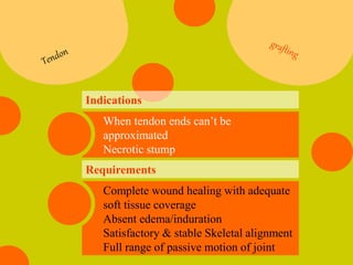 When tendon ends can’t be
approximated
Necrotic stump
Indications
Complete wound healing with adequate
soft tissue coverage
Absent edema/induration
Satisfactory & stable Skeletal alignment
Full range of passive motion of joint
Requirements
 