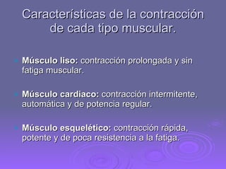 Características de la contracción de cada tipo muscular. Músculo liso:  contracción prolongada y sin fatiga muscular. Músculo cardiaco:  contracción intermitente, automática y de potencia regular. Músculo esquelético:  contracción rápida, potente y de poca resistencia a la fatiga. 