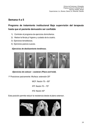 Clínica de Fracturas y Ortopedia
Práctica clínica III. Octubre 2013
Alumna: Kreiker, Noralí
Supervisoras: Lic. Álvarez, Diana; Lic. Miranda, Claudia

Semana 4 a 5
Programa de tratamiento institucional Bajo supervisión del terapeuta
hasta que el paciente demuestre ser confiable
1) Controlar el programa de ejercicios domiciliarios.
2) Retirar la férula p/ higiene y cuidado de la cicatriz.
3) Ejercicios tenodésicos.
4) Ejercicios pasivos suaves.
-Ejercicios de deslizamiento tendinoso.

-Ejercicios de colocar – sostener (Place and hold).
1º Posicionar pasivamente: Muñeca: extensión 20º
MCF: flexión 75 – 80º
IFP: flexión 70 – 75º
IFD: flexión 40º
Esta posición permite reducir la resistencia desde el plano extensor.

14

 