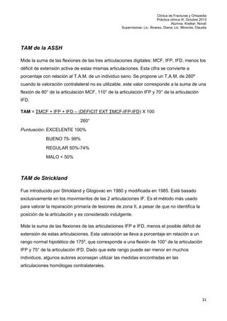 Clínica de Fracturas y Ortopedia
Práctica clínica III. Octubre 2013
Alumna: Kreiker, Noralí
Supervisoras: Lic. Álvarez, Diana; Lic. Miranda, Claudia

TAM de la ASSH
Mide la suma de las flexiones de las tres articulaciones digitales: MCF, IFP, IFD, menos los
déficit de extensión activa de estas mismas articulaciones. Esta cifra se convierte a
porcentaje con relación al T.A.M. de un individuo sano. Se propone un T.A.M. de 260º
cuando la valoración contralateral no es utilizable, este valor corresponde a la suma de una
flexión de 80° de la articulación MCF, 110° de la articulación IFP y 70° de la articulación
IFD.
TAM = ΣMCF + IFP + IFD – (DEFICIT EXT ΣMCF-IFP-IFD) X 100
260°
Puntuación: EXCELENTE 100%
BUENO 75- 99%
REGULAR 50%-74%
MALO < 50%

TAM de Strickland
Fue introducido por Strickland y Glogovac en 1980 y modificada en 1985. Está basado
exclusivamente en los movimientos de las 2 articulaciones IF. Es el método más usado
para valorar la reparación primaria de lesiones de zona II, a pesar de que no identifica la
posición de la articulación y es considerado indulgente.
Mide la suma de las flexiones de las articulaciones IFP e IFD, menos el posible déficit de
extensión de estas articulaciones. Esta valoración se lleva a porcentaje en relación a un
rango normal hipotético de 175º, que corresponde a una flexión de 100° de la articulación
IFP y 75° de la articulación IFD. Dado que este rango puede ser menor en muchos
individuos, algunos autores aconsejan utilizar las medidas encontradas en las
articulaciones homólogas contralaterales.

31

 