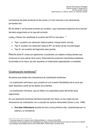 Clínica de Fracturas y Ortopedia
Práctica clínica III. Octubre 2013
Alumna: Kreiker, Noralí
Supervisoras: Lic. Álvarez, Diana; Lic. Miranda, Claudia

Las lesiones de estos tendones en las zonas I y II son comunes y los mecanismos
principales son:

En la zona I: es frecuente la lesión por avulsión, cuyo mecanismo deportivo es la tracción
del dedo enganchado en la ropa del contrario.
Leddy y Packer han clasificado la avulsión del FCP en tres tipos:

3



Tipo I: avulsión con retracción hasta la palma, incluye lesión vincular.



Tipo II: avulsión con retracción hasta la IFP, sin lesión de las vinculas largas.



Tipo III: con avulsión de fragmento óseo grande.

Para la zona II: cortes por agresiones o accidentes con objetos cortopunzantes que
involucran la zona palmar de la mano. Éstas lesiones producen importantes problemas
funcionales en la mano, por eso requieren un tratamiento especializado e inmediato.

Cicatrización tendinosa4
Se piensa que existen dos mecanismos de cicatrización tendinosa:
-La cicatrización extrínseca, que consiste en una invasión fibroblástica de la zona que
debe repararse a partir de los tejidos circundantes.
-La cicatrización intrínseca, que se refiere a la capacidad propia del tendón para
regenerarse.
En una reparación tendinosa Strickland describe tres fases, en las cuales los dos
mecanismos de cicatrización van a coexistir de manera indisociable (Green y cols. 1999):


Una fase inflamatoria durante los tres a cinco primeros días, caracterizada por un
edema y un hematoma.

3

“Tendones flexores”A.J.Ramos Vertiz. Editorial Atlante s.r.l. Buenos Aires 2008.
“Evaluación de los resultados de la rehabilitación en cirugía de tendones flexores de la mano en zona II en el Instituto
Traumatológico de Santiago entre los años 2004-2006”; Paulina Sáez, Consuelo Soto.
4

4

 