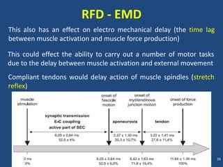 RFD - EMD
This also has an effect on electro mechanical delay (the time lag
between muscle activation and muscle force production)

This could effect the ability to carry out a number of motor tasks
due to the delay between muscle activation and external movement
Compliant tendons would delay action of muscle spindles (stretch
reflex)




                                                                     26
 
