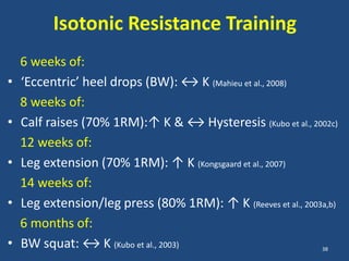 Isotonic Resistance Training
    6 weeks of:
•   ‘Eccentric’ heel drops (BW): ↔ K (Mahieu et al., 2008)
    8 weeks of:
•   Calf raises (70% 1RM):↑ K & ↔ Hysteresis (Kubo et al., 2002c)
    12 weeks of:
•   Leg extension (70% 1RM): ↑ K (Kongsgaard et al., 2007)
    14 weeks of:
•   Leg extension/leg press (80% 1RM): ↑ K (Reeves et al., 2003a,b)
    6 months of:
•   BW squat: ↔ K (Kubo et al., 2003)                          38
 