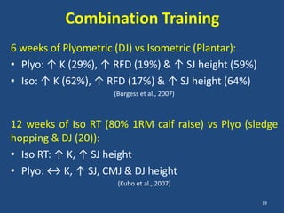 Combination Training
6 weeks of Plyometric (DJ) vs Isometric (Plantar):
• Plyo: ↑ K (29%), ↑ RFD (19%) & ↑ SJ height (59%)
• Iso: ↑ K (62%), ↑ RFD (17%) & ↑ SJ height (64%)
                     (Burgess et al., 2007)



12 weeks of Iso RT (80% 1RM calf raise) vs Plyo (sledge
hopping & DJ (20)):
• Iso RT: ↑ K, ↑ SJ height
• Plyo: ↔ K, ↑ SJ, CMJ & DJ height
                      (Kubo et al., 2007)

                                                     19
 