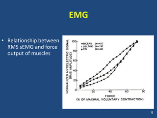 EMG

• Relationship between
  RMS sEMG and force
  output of muscles




                               9
 