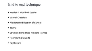 End to end technique
• Kessler & Modified Kessler
• Bunnel Crisscross
• Kleinert modification of Bunnel
• Tajima
• Strickland (modified Kleinert-Tajima)
• Fishmouth (Pulvert)
• Roll Suture
 