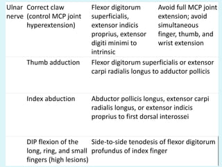 Ulnar
nerve
Correct claw
(control MCP joint
hyperextension)
Flexor digitorum
superficialis,
extensor indicis
proprius, extensor
digiti minimi to
intrinsic
Avoid full MCP joint
extension; avoid
simultaneous
finger, thumb, and
wrist extension
Thumb adduction Flexor digitorum superficialis or extensor
carpi radialis longus to adductor pollicis
Index abduction Abductor pollicis longus, extensor carpi
radialis longus, or extensor indicis
proprius to first dorsal interossei
DIP flexion of the
long, ring, and small
fingers (high lesions)
Side-to-side tenodesis of flexor digitorum
profundus of index finger
 