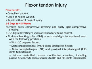 Flexor tendon injury
Prerequisites
• Compliant patient.
• Clean or healed wound.
• Repair within 14 days of injury.
1-3 Days to 4.5 Weeks
•Remove bulky compressive dressing and apply light compressive
dressing.
• Use digital-level finger socks or Coban for edema control.
• Fit dorsal blocking splint (DBS) to wrist and digits for continual wear
with the following positions:
• Wrist-20 degrees flexion.
• Metacarpophalangeal (MCP) joints-50 degrees flexion.
• Distal interphalangeal (DIP) and proximal interphalangeal (PIP)
joints-full extension.
• Initiate controlled passive mobilization exercises, including
passive flexion/extension exercises to DIP and PIP joints individually.
 