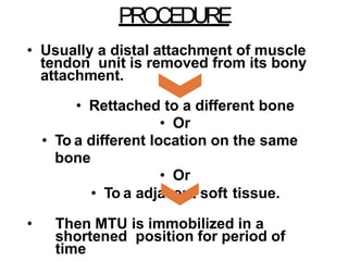 PROCEDURE
• Usually a distal attachment of muscle
tendon unit is removed from its bony
attachment.
• Rettached to a different bone
• Or
• To a different location on the same
bone
• Or
• To a adjacent soft tissue.
• Then MTU is immobilized in a
shortened position for period of
time
 