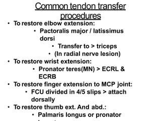 Common tendon transfer
procedures
• To restore elbow extension:
• Pactoralis major / latissimus
dorsi
• Transfer to > triceps
• (In radial nerve lesion)
• To restore wrist extension:
• Pronator teres(MN) > ECRL &
ECRB
• To restore finger extension to MCP joint:
• FCU divided in 4/5 slips > attach
dorsally
• To restore thumb ext. And abd.:
• Palmaris longus or pronator
 