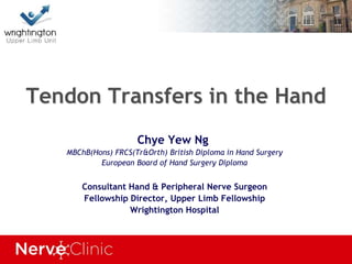 Tendon Transfers in the Hand
Chye Yew Ng
MBChB(Hons) FRCS(Tr&Orth) British Diploma in Hand Surgery
European Board of Hand Surgery Diploma
Consultant Hand & Peripheral Nerve Surgeon
Fellowship Director, Upper Limb Fellowship
Wrightington Hospital
 