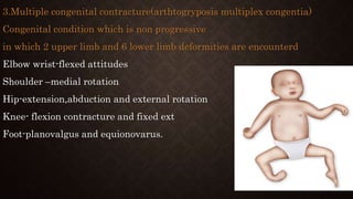 3.Multiple congenital contracture(arthtogryposis multiplex congentia)
Congenital condition which is non progressive
in which 2 upper limb and 6 lower limb deformities are encounterd
Elbow wrist-flexed attitudes
Shoulder –medial rotation
Hip-extension,abduction and external rotation
Knee- flexion contracture and fixed ext
Foot-planovalgus and equionovarus.
 
