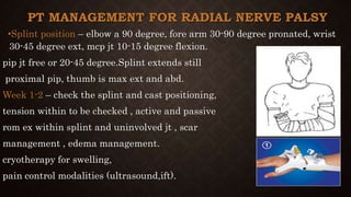 PT MANAGEMENT FOR RADIAL NERVE PALSY
•Splint position – elbow a 90 degree, fore arm 30-90 degree pronated, wrist
30-45 degree ext, mcp jt 10-15 degree flexion.
pip jt free or 20-45 degree.Splint extends still
proximal pip, thumb is max ext and abd.
Week 1-2 – check the splint and cast positioning,
tension within to be checked , active and passive
rom ex within splint and uninvolved jt , scar
management , edema management.
cryotherapy for swelling,
pain control modalities (ultrasound,ift).
 