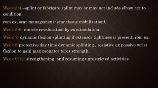 Week 3-4 –splint or fabricate splint may or may not include elbow acc to
condition
rom ex, scar management (scar tissue mobilization).
Week 5-6- muscle re-education by ex stimulation.
Week 7- dynamic flexion splinting if extensor tightness is present, rom ex.
Week 8-protective day time dynamic splinting , resistive ex passive wrist
flexion to gain max pronator teres strength.
Week 9-12- strengthening and resuming unrestricted activities.
 