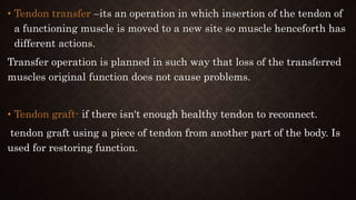 • Tendon transfer –its an operation in which insertion of the tendon of
a functioning muscle is moved to a new site so muscle henceforth has
different actions.
Transfer operation is planned in such way that loss of the transferred
muscles original function does not cause problems.
• Tendon graft- if there isn't enough healthy tendon to reconnect.
tendon graft using a piece of tendon from another part of the body. Is
used for restoring function.
 