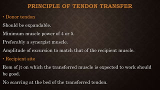 PRINCIPLE OF TENDON TRANSFER
• Donor tendon
Should be expandable.
Minimum muscle power of 4 or 5.
Preferably a synergist muscle.
Amplitude of excursion to match that of the recipient muscle.
• Recipient site
Rom of jt on which the transferred muscle is expected to work should
be good.
No scarring at the bed of the transferred tendon.
 