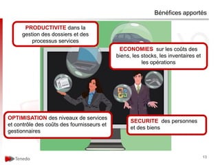 Bénéfices apportés

      PRODUCTIVITE dans la
     gestion des dossiers et des
         processus services
                                             ECONOMIES sur les coûts des
                                            biens, les stocks, les inventaires et
                                                       les opérations




OPTIMISATION des niveaux de services
                                                  SECURITE des personnes
et contrôle des coûts des fournisseurs et
                                                  et des biens
gestionnaires



                                                                                    13
 