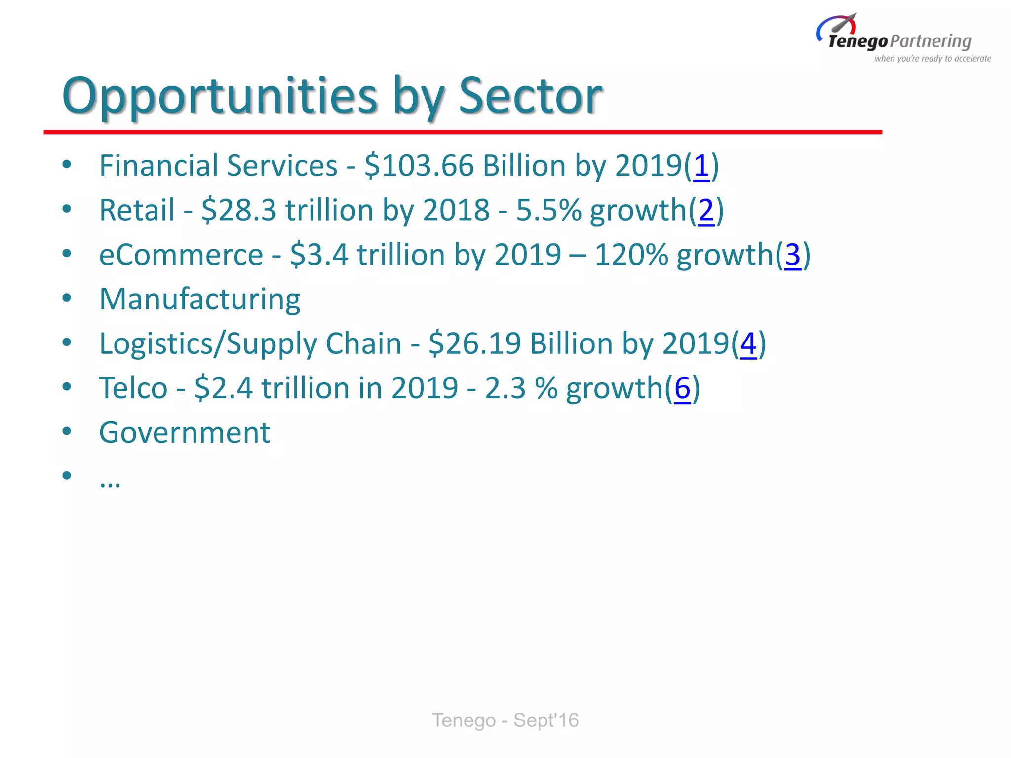 Opportunities by Sector
• Financial Services - $103.66 Billion by 2019(1)
• Retail - $28.3 trillion by 2018 - 5.5% growth(2)
• eCommerce - $3.4 trillion by 2019 – 120% growth(3)
• Manufacturing
• Logistics/Supply Chain - $26.19 Billion by 2019(4)
• Telco - $2.4 trillion in 2019 - 2.3 % growth(6)
• Government
• …
Tenego - Sept'16
 