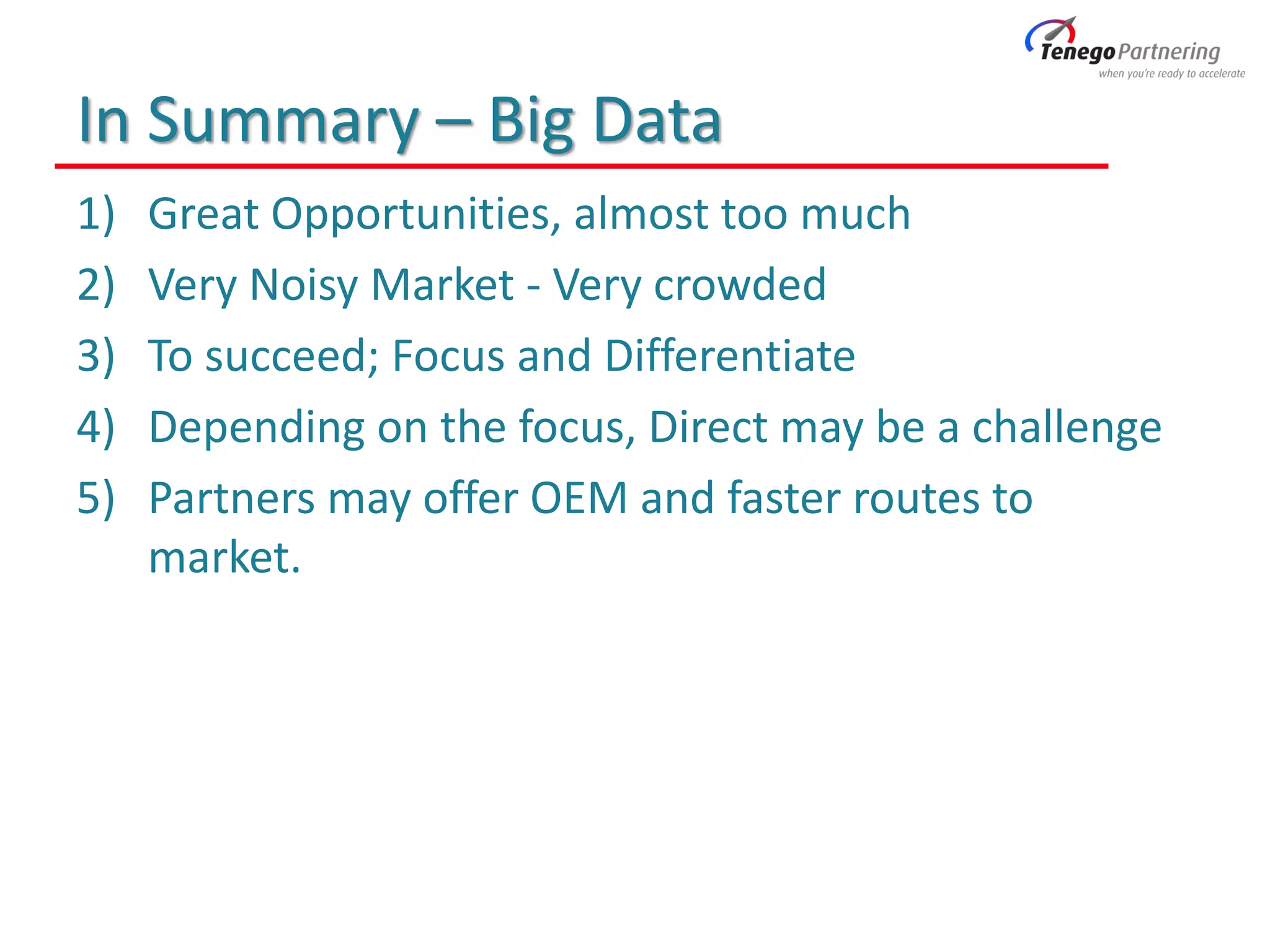 In Summary – Big Data
1) Great Opportunities, almost too much
2) Very Noisy Market - Very crowded
3) To succeed; Focus and Differentiate
4) Depending on the focus, Direct may be a challenge
5) Partners may offer OEM and faster routes to
market.
 