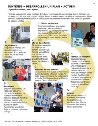 27
JÚNTENSE • DESARROLLEN UN PLAN • ACTÚEN
Logrando cambios, paso a paso
Mientras aprendemos sobre nuestros derechos, veremos cosas que vamos a querer cambiar. Las
personas con discapacidad pueden trabajar juntas – paso a paso – para lograr esos cambios. Otras
personas también pueden ayudar. A continuación se presenta una historia real sobre un grupo en
los Estados Unidos.
Esta acción fue llevada a cabo en Minnesota, Estados Unidos, en el 2006.
1.
El sueño de una persona
Los autobuses de la ciudad no funcionaban
pues el transporte estaba en huelga. No
podía llegar a mi trabajo. No podía llegar a
la tienda. Debería poder llegar a diferentes
lugares. Este es mi derecho.
2.
¿Es un buen tema?
Otras personas dentro
de mi grupo se
sentían igual que yo.
Parecía un problema
que podíamos
resolver con éxito.
Decidimos trabajar
juntos para lograr el
cambio.
3. Juntar los hechos
Encontramos aliados que podían
ayudarnos. Juntamos nueva
información. ¿Quién tendrá el poder
para resolver la huelga? ¿El
transporte público es un derecho o
un privilegio? ¿Esto a quién afecta
más?
4.
Planear las acciones
Establecimos una
reunión con los líderes
estatales. Organizamos
una protesta para
realizarse después de la
reunión. Nuestro
mensaje: ¡Acaben con la
huelga! Establecimos
una fecha y ensayamos
sobre lo que diríamos.
Todos los miembros de
nuestro grupo debían
decir algo.
5.
Actúen
Nos juntamos como lo
habíamos planeado y
les explicamos el
problema. Les dijimos
cómo nos sentíamos y
lo que queríamos.
6.
Resultado
Ellos nos escucharon. Los
noticieros televisivos
cubrieron la protesta. La
huelga concluyó unas
semanas después. Nuestras
acciones hicieron una
diferencia. Actualmente los
autobuses están
funcionando y podemos
llegar a nuestros lugares de
trabajo.
7.
Seguimiento
Seguimos hablando con
las autoridades. Les
decíamos: Si no podemos
llegar allí, no estamos
incluidos.
 