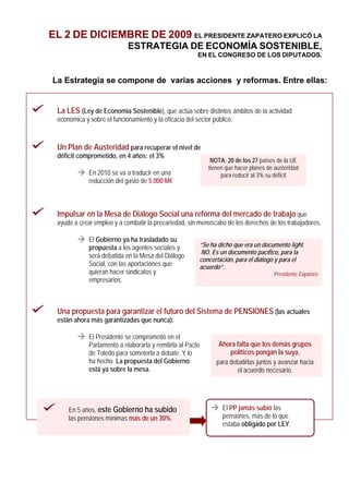 EL 2 DE DICIEMBRE DE 2009 EL PRESIDENTE ZAPATERO EXPLICÓ LA
                            ESTRATEGIA DE ECONOMÍA SOSTENIBLE,
                                                        EN EL CONGRESO DE LOS DIPUTADOS.



La Estrategia se compone de varias acciones y reformas. Entre ellas:


 La LES (Ley de Economía Sostenible), que actúa sobre distintos ámbitos de la actividad
 económica y sobre el funcionamiento y la eficacia del sector público.



 Un Plan de Austeridad para recuperar el nivel de
 déficit comprometido, en 4 años: el 3%
                                                             NOTA: 20 de los 27 países de la UE
                                                            tienen que hacer planes de austeridad
             En 2010 se va a traducir en una                     para reducir al 3% su déficit
             reducción del gasto de 5.000 M€



 Impulsar en la Mesa de Diálogo Social una reforma del mercado de trabajo que
 ayude a crear empleo y a combatir la precariedad, sin menoscabo de los derechos de los trabajadores.

             El Gobierno ya ha trasladado su
             propuesta a los agentes sociales y          “Se ha dicho que era un documento light.
                                                          NO. Es un documento pacífico, para la
             será debatida en la Mesa del Diálogo
                                                         concertación, para el diálogo y para el
             Social, con las aportaciones que            acuerdo”.
             quieran hacer sindicatos y                                                Presidente Zapatero
             empresarios.



 Una propuesta para garantizar el futuro del Sistema de PENSIONES (las actuales
 están ahora más garantizadas que nunca).

             El Presidente se comprometió en el
             Parlamento a elaborarla y remitirla al Pacto       Ahora falta que los demás grupos
             de Toledo para someterla a debate. Y lo                políticos pongan la suya,
             ha hecho. La propuesta del Gobierno               para debatirlas juntos y avanzar hacia
             está ya sobre la mesa.                                   el acuerdo necesario.




     En 5 años, este Gobierno ha subido                           El PP jamás subió las
     las pensiones mínimas más de un 30%.                         pensiones, más de lo que
                                                                  estaba obligado por LEY.
 